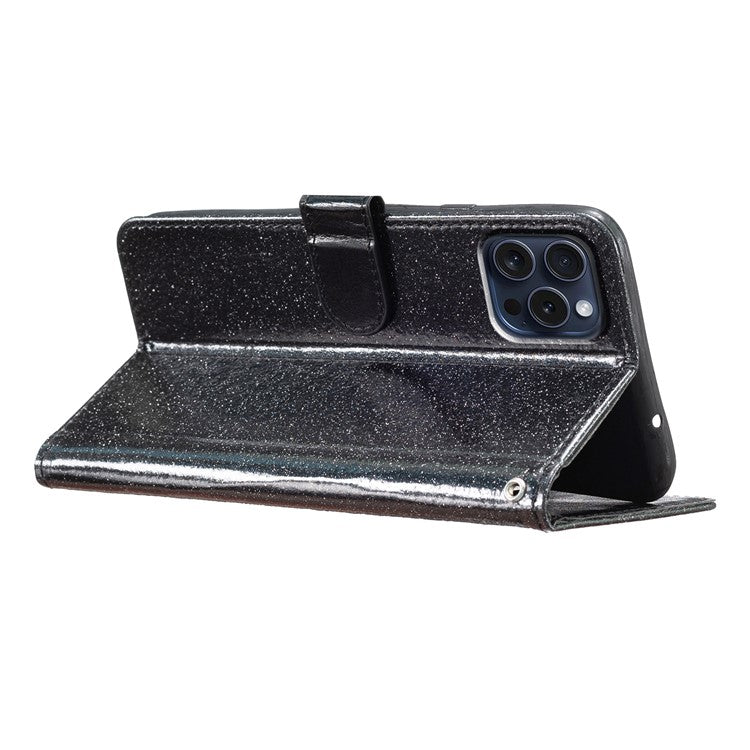 For iPhone 16 Pro Case Glitter PU Leather Wallet Card Slots Phone Cover - Black