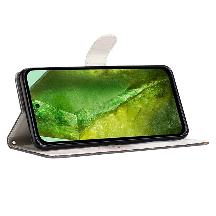 For Google Pixel 8a Case Pattern Printing Leather Phone Cover with Hand Strap - Green Marble