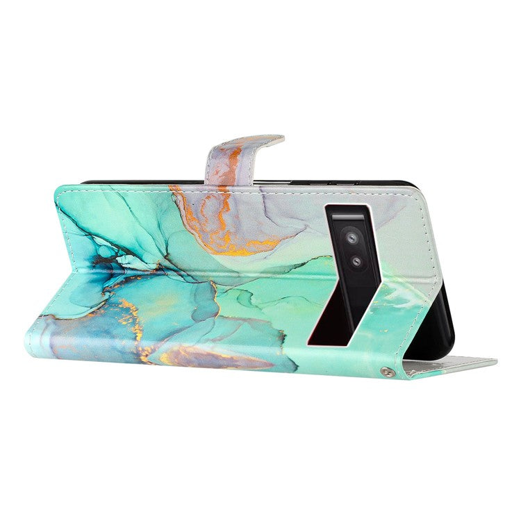 For Google Pixel 8a Case Pattern Printing Leather Phone Cover with Hand Strap - Green Marble