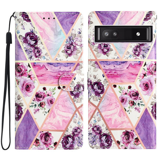 For Google Pixel 8a Case Pattern Printing Leather Phone Cover with Hand Strap - Purple Flowers