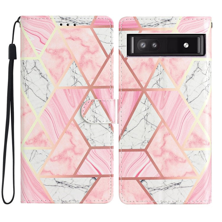 For Google Pixel 8a Case Pattern Printing Leather Phone Cover with Hand Strap - Pink Marble