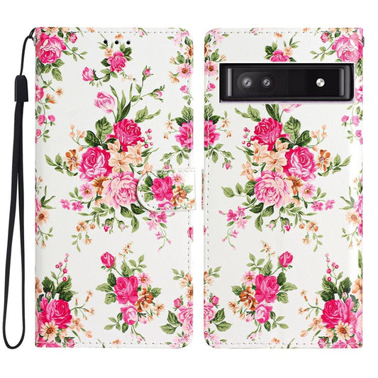 For Google Pixel 8a Case Pattern Printing Leather Phone Cover with Hand Strap - Red Flowers