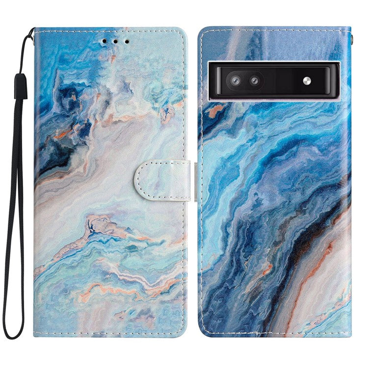 For Google Pixel 8a Case Pattern Printing Leather Phone Cover with Hand Strap - Blue Marble