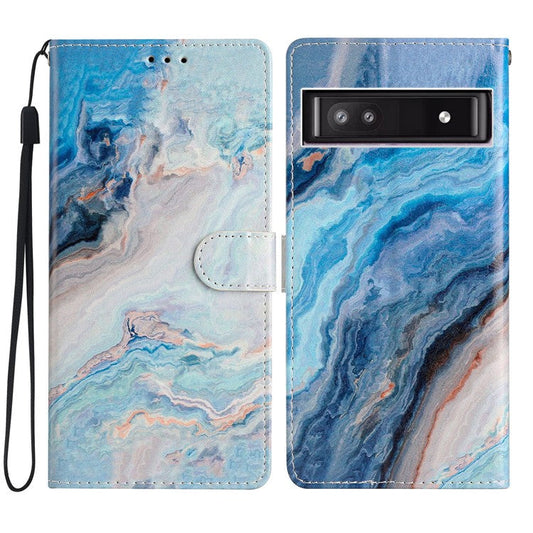 For Google Pixel 8a Case Pattern Printing Leather Phone Cover with Hand Strap - Blue Marble