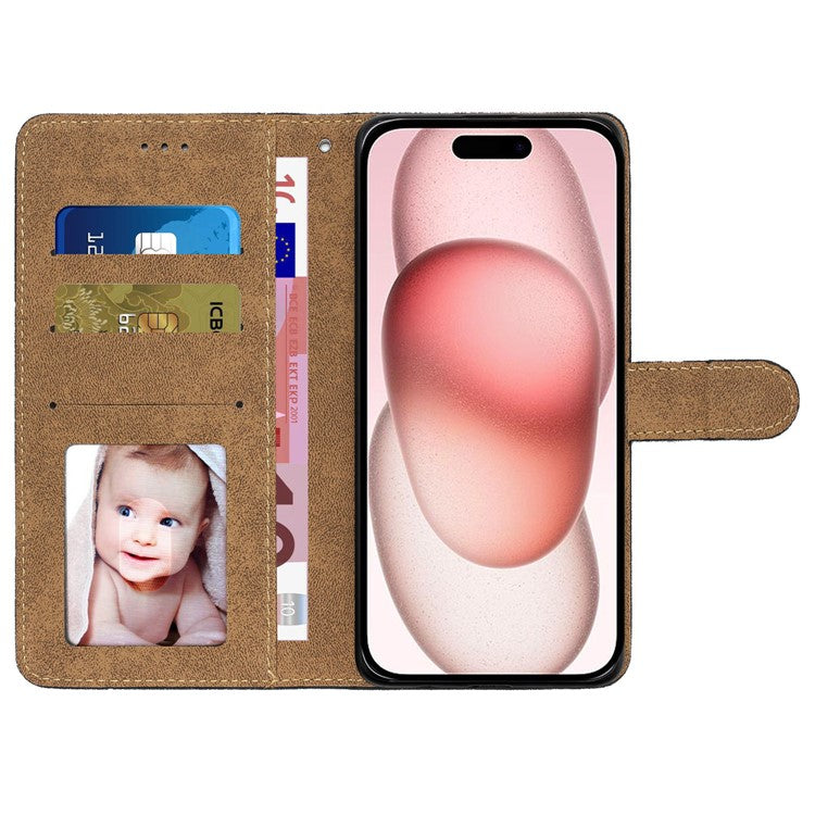 For iPhone 16 Case Line Pattern PU Leather Phone Case Crazy Horse Texture - Brown