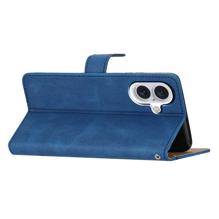 For iPhone 16 Case Line Pattern PU Leather Phone Case Crazy Horse Texture - Blue