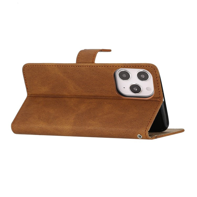 For iPhone 16 Pro Case Crazy Horse Texture PU Leather Wallet Stand Phone Cover - Brown