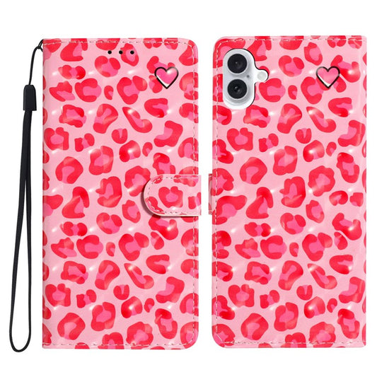 For iPhone 16 Plus Case PU Leather 3D Pattern Printing Wallet Phone Cover - Pink Leopard Print