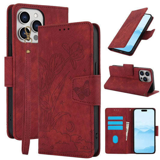 SY-001 For iPhone 16 Pro Case with Hand Strap Card Slots PU Leather Butterfly Flower Phone Cover - Red