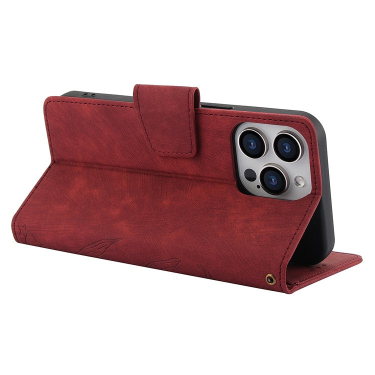 SY-001 For iPhone 16 Pro Case with Hand Strap Card Slots PU Leather Butterfly Flower Phone Cover - Red