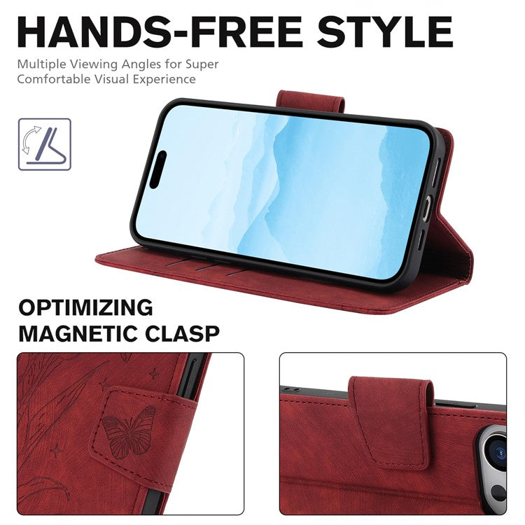 SY-001 For iPhone 16 Pro Case with Hand Strap Card Slots PU Leather Butterfly Flower Phone Cover - Red