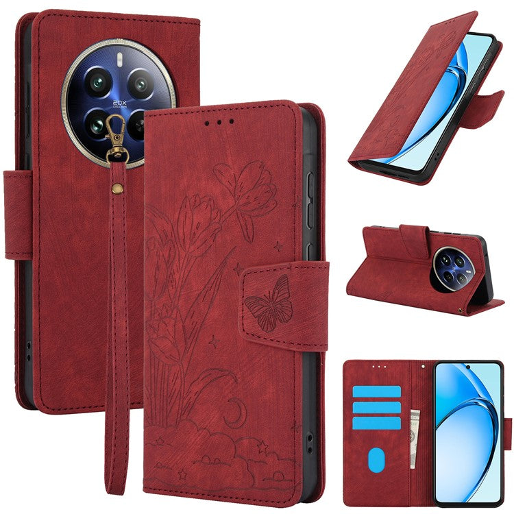 SY-001 For Realme 12 Pro 5G / 12 Pro+ 5G Case with Wrist Strap Butterfly Flower Leather Phone Cover Folio Wallet - Red