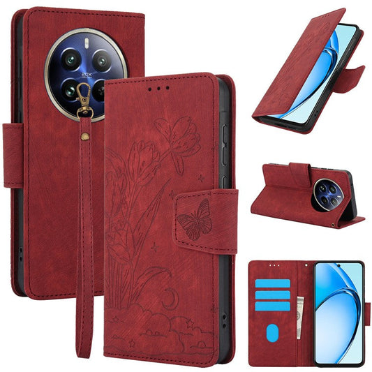 SY-001 For Realme 12 Pro 5G / 12 Pro+ 5G Case with Wrist Strap Butterfly Flower Leather Phone Cover Folio Wallet - Red