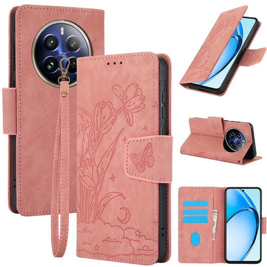 SY-001 For Realme 12 Pro 5G / 12 Pro+ 5G Case with Wrist Strap Butterfly Flower Leather Phone Cover Folio Wallet - Pink