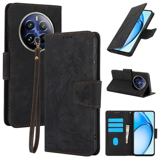 SY-001 For Realme 12 Pro 5G / 12 Pro+ 5G Case with Wrist Strap Butterfly Flower Leather Phone Cover Folio Wallet - Black