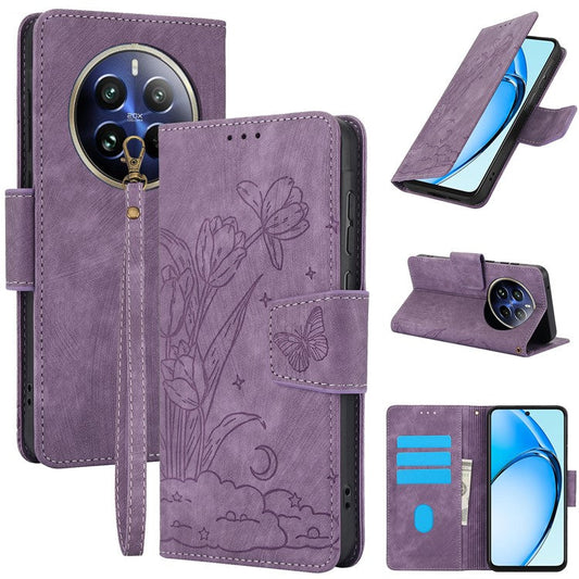 SY-001 For Realme 12 Pro 5G / 12 Pro+ 5G Case with Wrist Strap Butterfly Flower Leather Phone Cover Folio Wallet - Purple