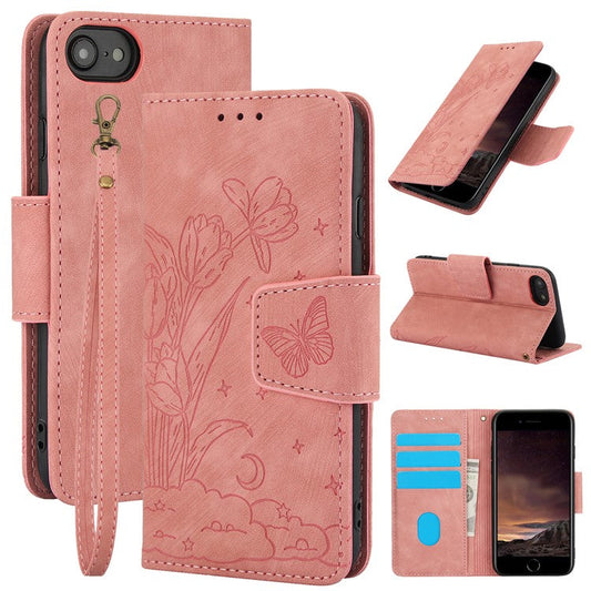 SY-001 For iPhone 16e Case Butterfly Flower Anti-Scratch Leather Phone Cover - Pink