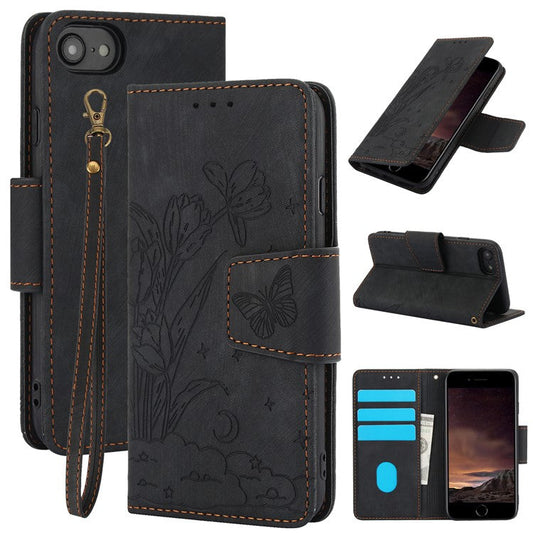 SY-001 For iPhone 16e Case Butterfly Flower Anti-Scratch Leather Phone Cover - Black
