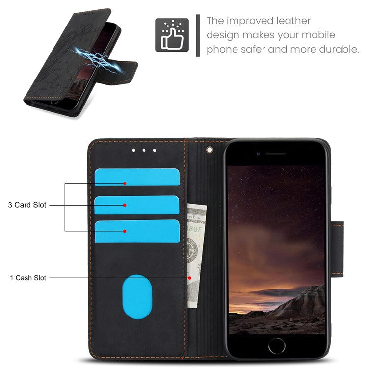 SY-001 For iPhone 16e Case Butterfly Flower Anti-Scratch Leather Phone Cover - Black