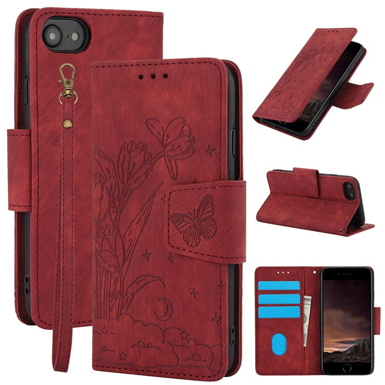 SY-001 For iPhone 16e Case Butterfly Flower Anti-Scratch Leather Phone Cover - Red