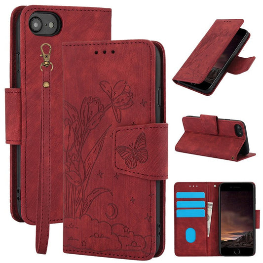 SY-001 For iPhone 16e Case Butterfly Flower Anti-Scratch Leather Phone Cover - Red