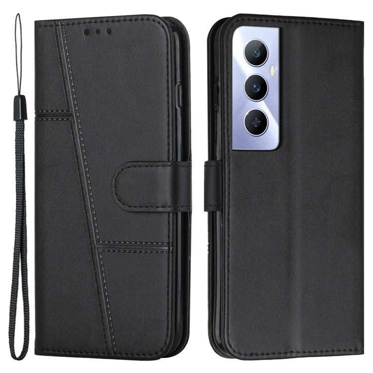 For Realme C65 4G Case Calf Texture PU Leather Full Protection Cell Phone Cover - Black
