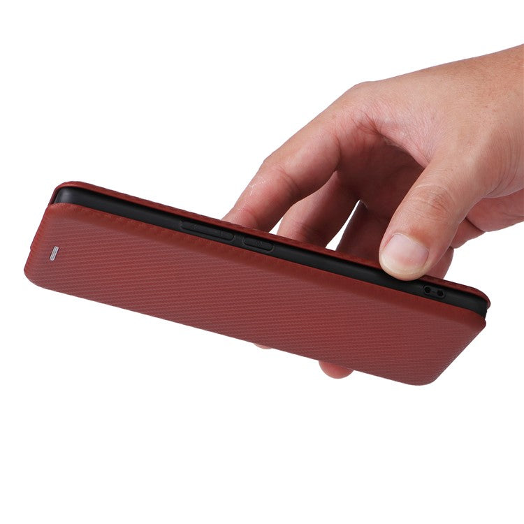 For vivo V30e 5G Case Card Slots Stand Carbon Fiber Texture Leather Cover - Brown