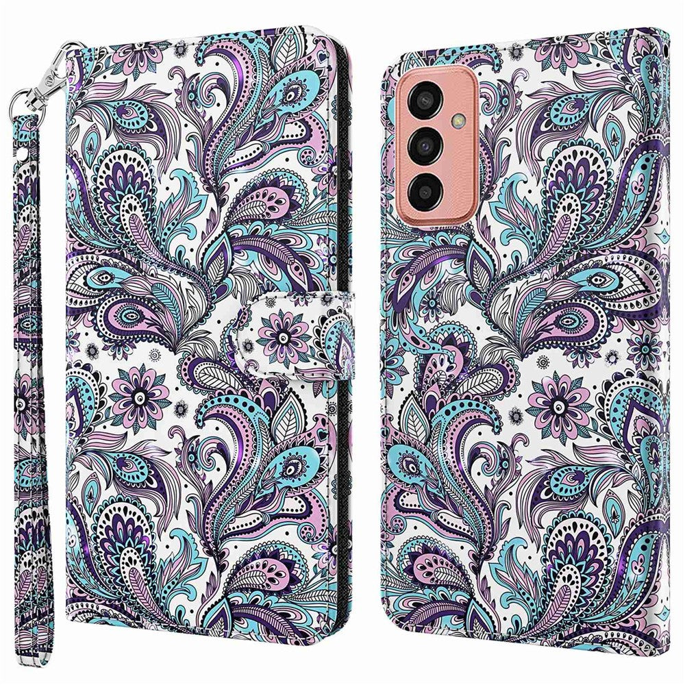 For Samsung Galaxy M13 4G PU Leather Flip Wallet Phone Case Stand Feature 3D Pattern Printing Magnetic Protection Phone Cover with Strap - Purple Impatiens