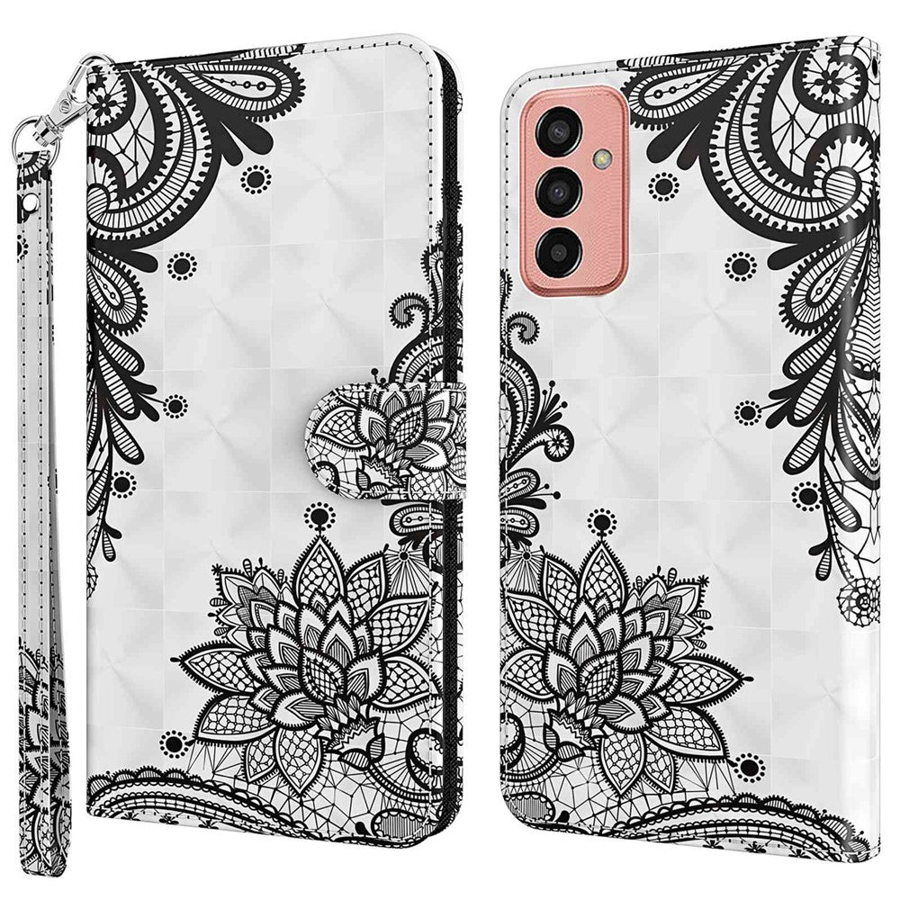 For Samsung Galaxy M13 4G PU Leather Flip Wallet Phone Case Stand Feature 3D Pattern Printing Magnetic Protection Phone Cover with Strap - Lace Flower