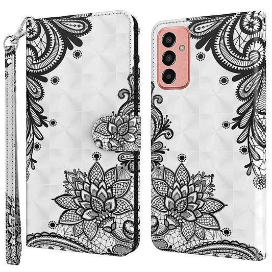 For Samsung Galaxy M13 4G PU Leather Flip Wallet Phone Case Stand Feature 3D Pattern Printing Magnetic Protection Phone Cover with Strap - Lace Flower