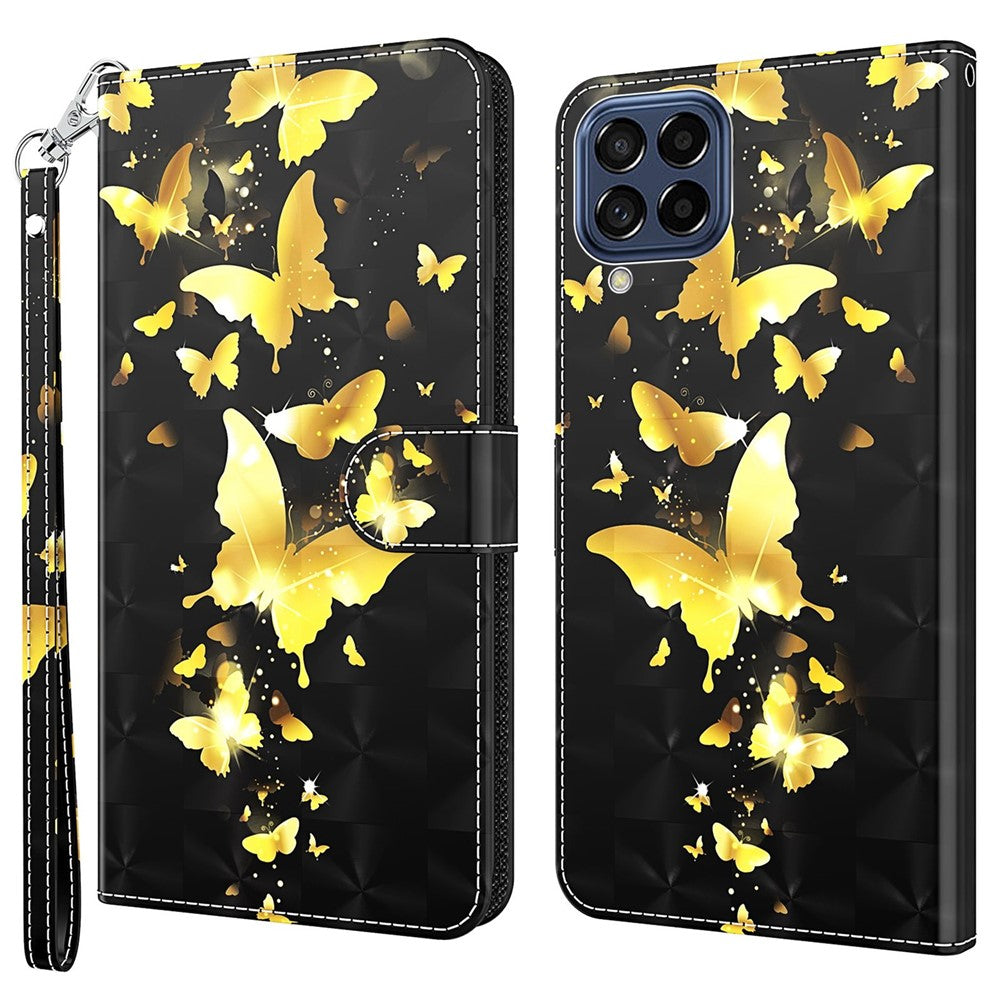 For Samsung Galaxy M33 5G (Global Version) 3D Pattern Printing PU Leather Case Viewing Stand Magnetic Protect Flip Wallet Cover with Strap - Golden Butterflies