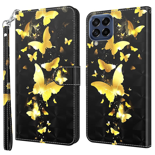 For Samsung Galaxy M33 5G (Global Version) 3D Pattern Printing PU Leather Case Viewing Stand Magnetic Protect Flip Wallet Cover with Strap - Golden Butterflies