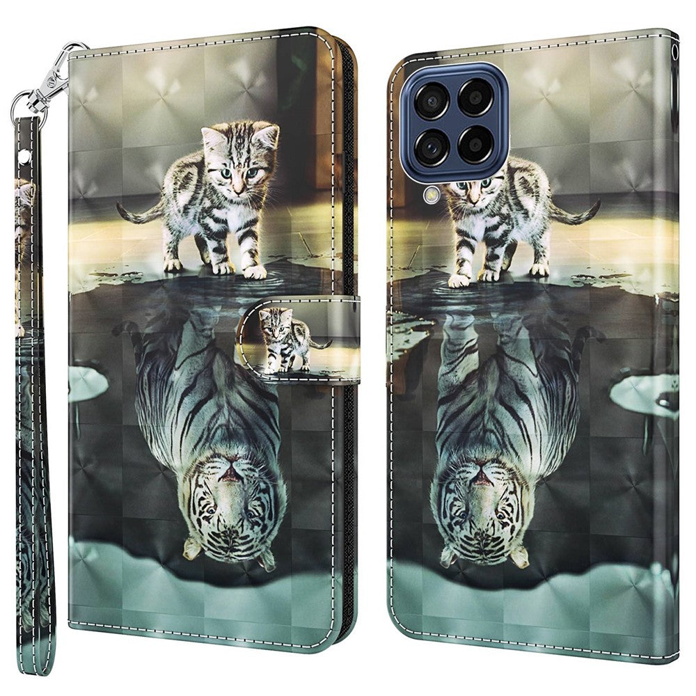 For Samsung Galaxy M33 5G (Global Version) 3D Pattern Printing PU Leather Case Viewing Stand Magnetic Protect Flip Wallet Cover with Strap - Cat / Tiger