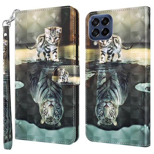 For Samsung Galaxy M33 5G (Global Version) 3D Pattern Printing PU Leather Case Viewing Stand Magnetic Protect Flip Wallet Cover with Strap - Cat / Tiger