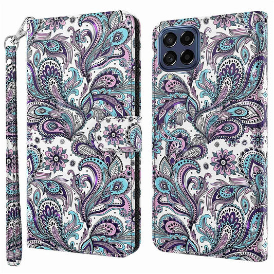 For Samsung Galaxy M33 5G (Global Version) 3D Pattern Printing PU Leather Case Viewing Stand Magnetic Protect Flip Wallet Cover with Strap - Purple Impatiens