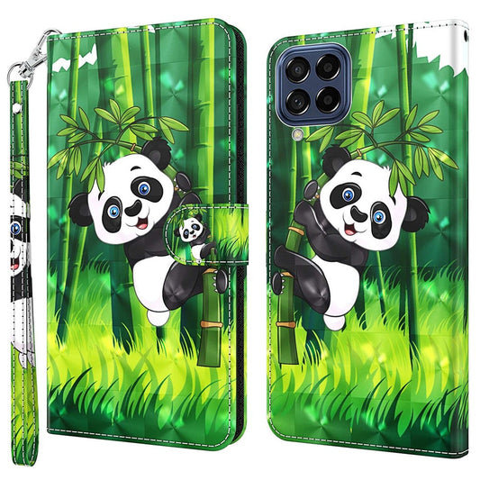 For Samsung Galaxy M33 5G (Global Version) 3D Pattern Printing PU Leather Case Viewing Stand Magnetic Protect Flip Wallet Cover with Strap - Panda Climbing