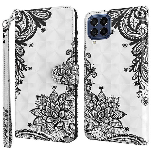 For Samsung Galaxy M33 5G (Global Version) 3D Pattern Printing PU Leather Case Viewing Stand Magnetic Protect Flip Wallet Cover with Strap - Lace Flower