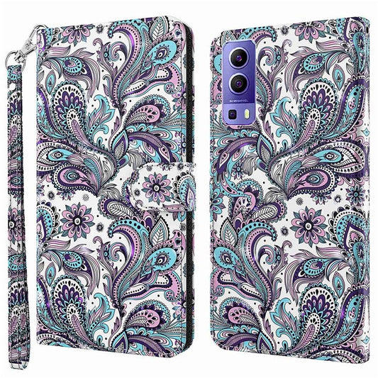 For vivo Y72 5G PU Leather Magnetic Case Stand Function 3D Pattern Printing Shockproof Soft TPU Wallet Cover with Strap - Purple Impatiens