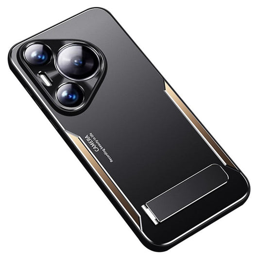 For Huawei Pura 70 Mobile Phone Case Slim-Fit Aluminum Alloy + TPU Phone Cover with Kickstand - Gold