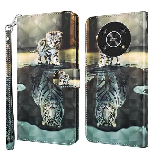 For Honor Magic4 Lite 4G / 5G PU Leather Flip Wallet Cover 3D Pattern Printing Stand Feature Magnetic Protective Phone Case with Strap - Cat  /  Tiger