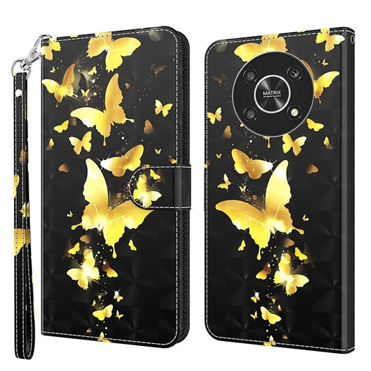 For Honor Magic4 Lite 4G / 5G PU Leather Flip Wallet Cover 3D Pattern Printing Stand Feature Magnetic Protective Phone Case with Strap - Golden Butterflies