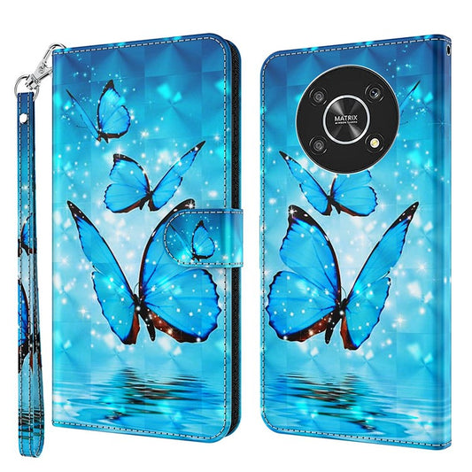 For Honor Magic4 Lite 4G / 5G PU Leather Flip Wallet Cover 3D Pattern Printing Stand Feature Magnetic Protective Phone Case with Strap - Blue Butterflies