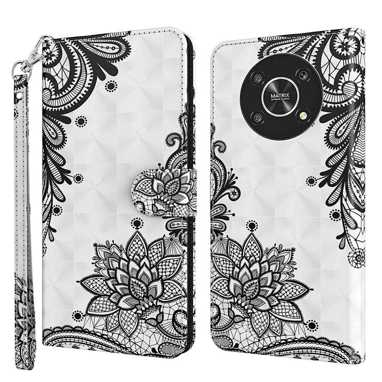 For Honor Magic4 Lite 4G / 5G PU Leather Flip Wallet Cover 3D Pattern Printing Stand Feature Magnetic Protective Phone Case with Strap - Lace Flower