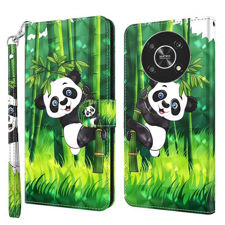 For Honor Magic4 Lite 4G / 5G PU Leather Flip Wallet Cover 3D Pattern Printing Stand Feature Magnetic Protective Phone Case with Strap - Panda Climbing