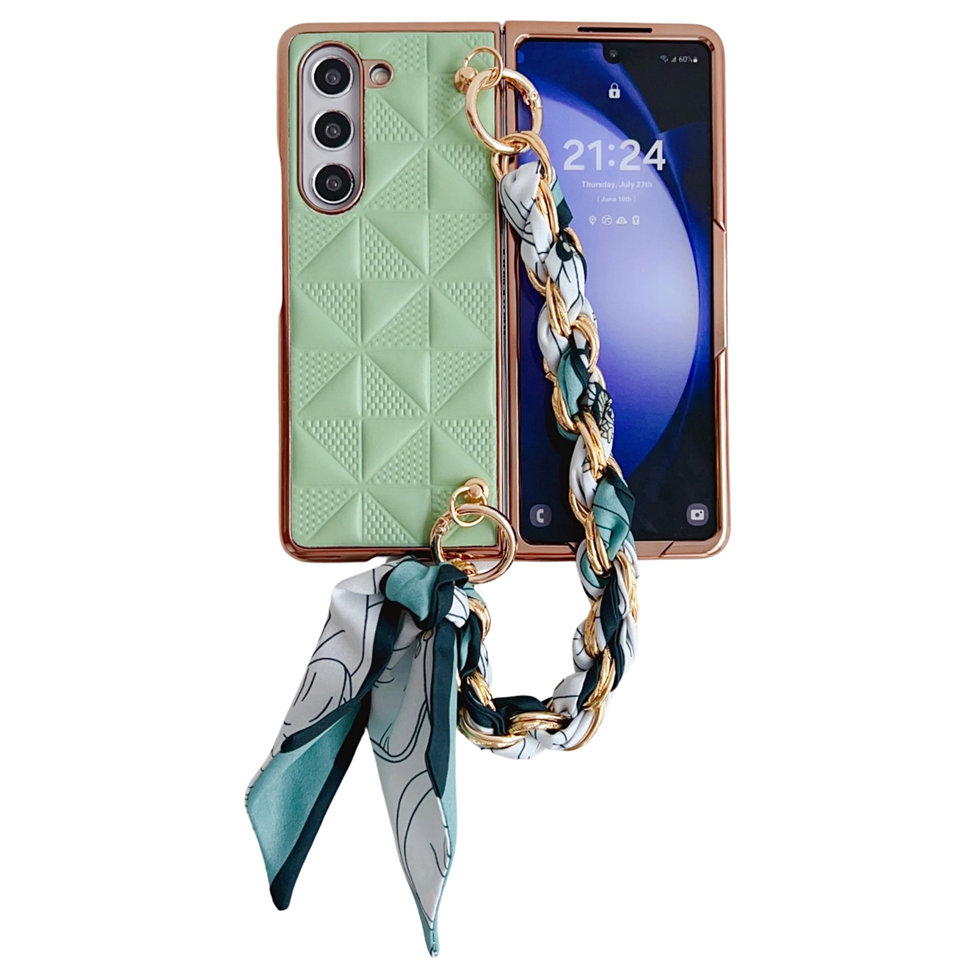 For Samsung Galaxy Z Fold6 5G Case Grid Texture PU+PC Phone Cover with Ribbon Chain Strap - Light Green