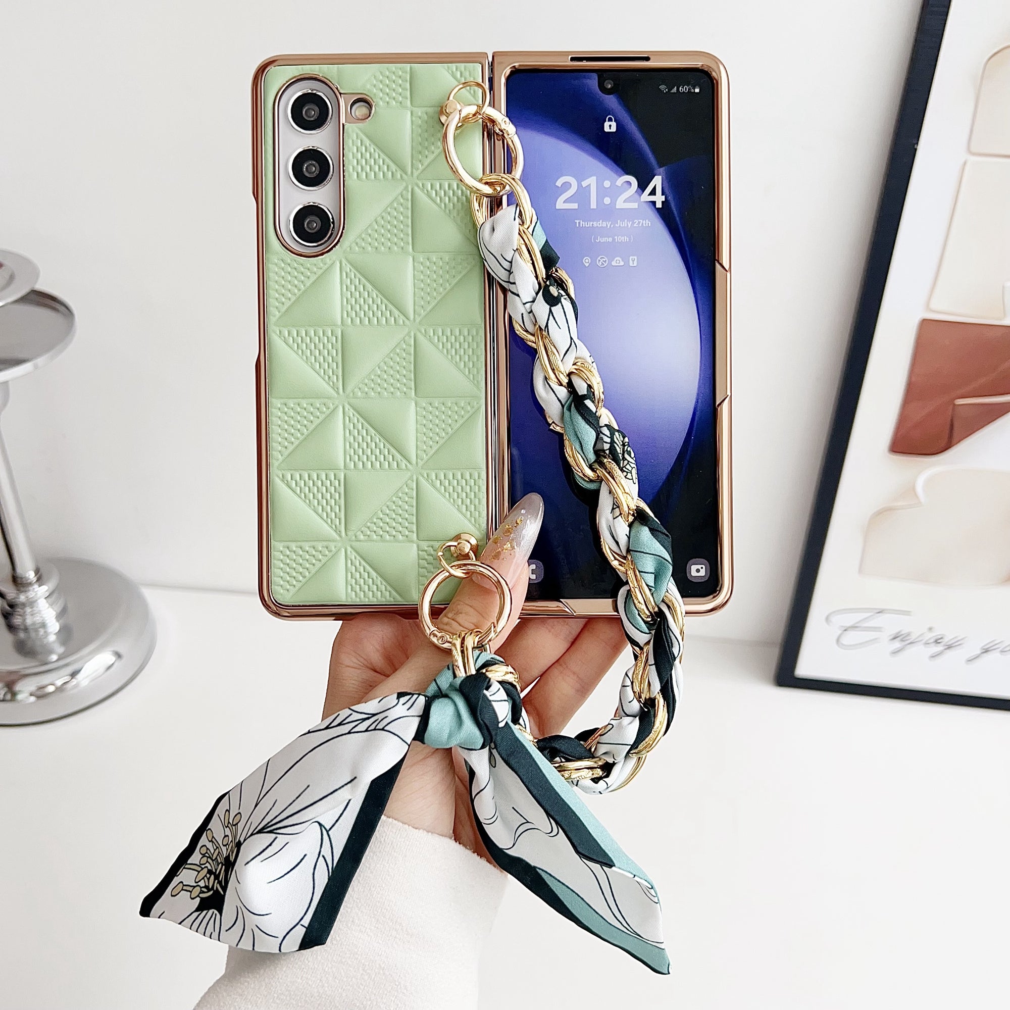 For Samsung Galaxy Z Fold6 5G Case Grid Texture PU+PC Phone Cover with Ribbon Chain Strap - Light Green