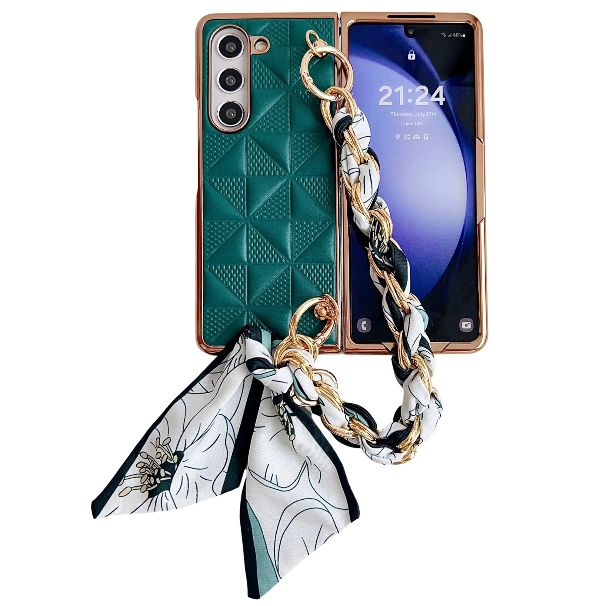 For Samsung Galaxy Z Fold6 5G Case Grid Texture PU+PC Phone Cover with Ribbon Chain Strap - Dark Green