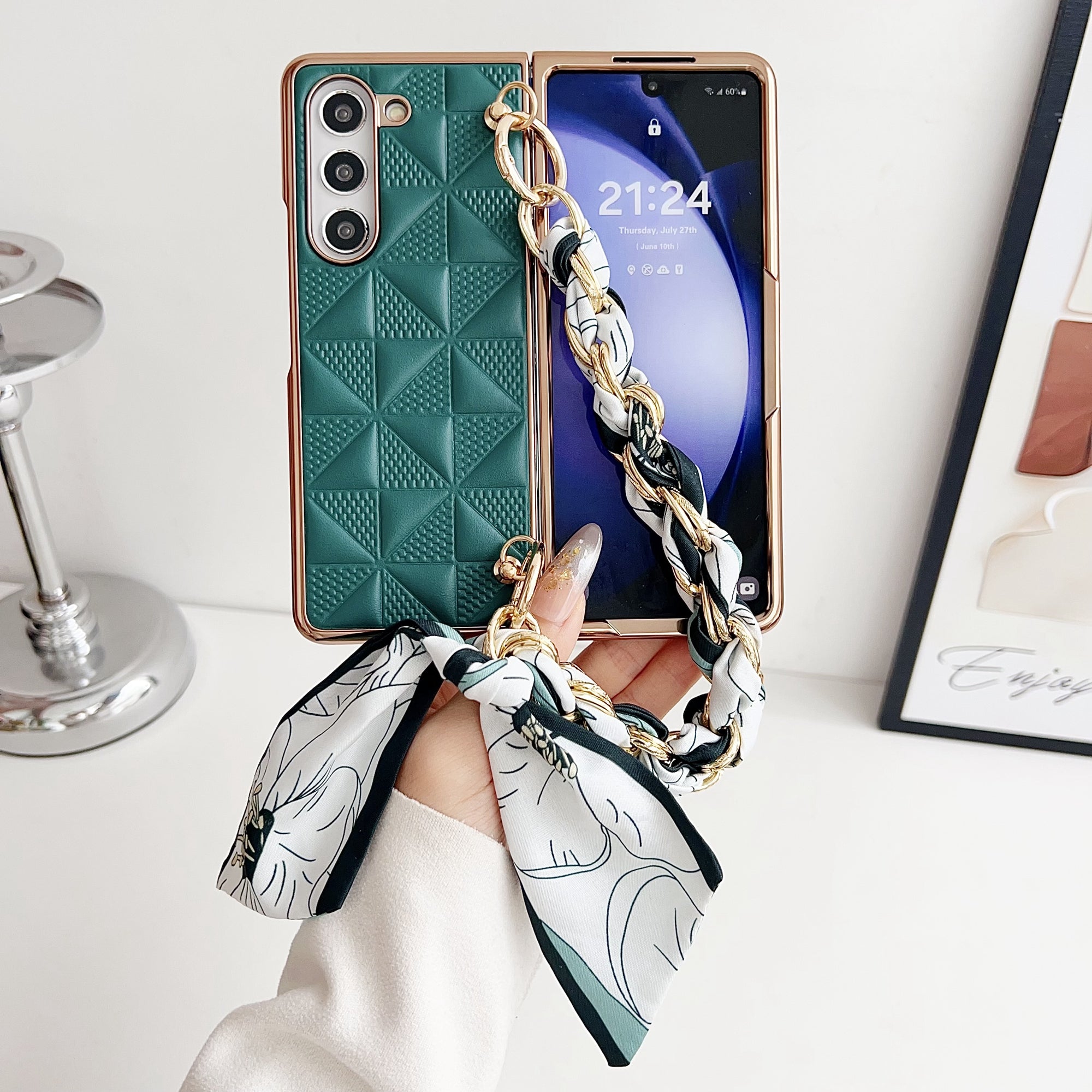 For Samsung Galaxy Z Fold6 5G Case Grid Texture PU+PC Phone Cover with Ribbon Chain Strap - Dark Green