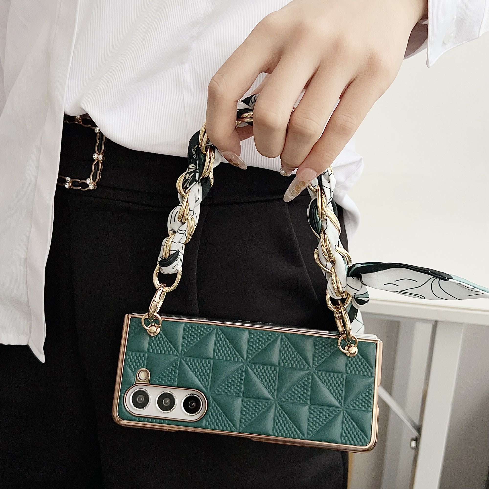 For Samsung Galaxy Z Fold6 5G Case Grid Texture PU+PC Phone Cover with Ribbon Chain Strap - Dark Green