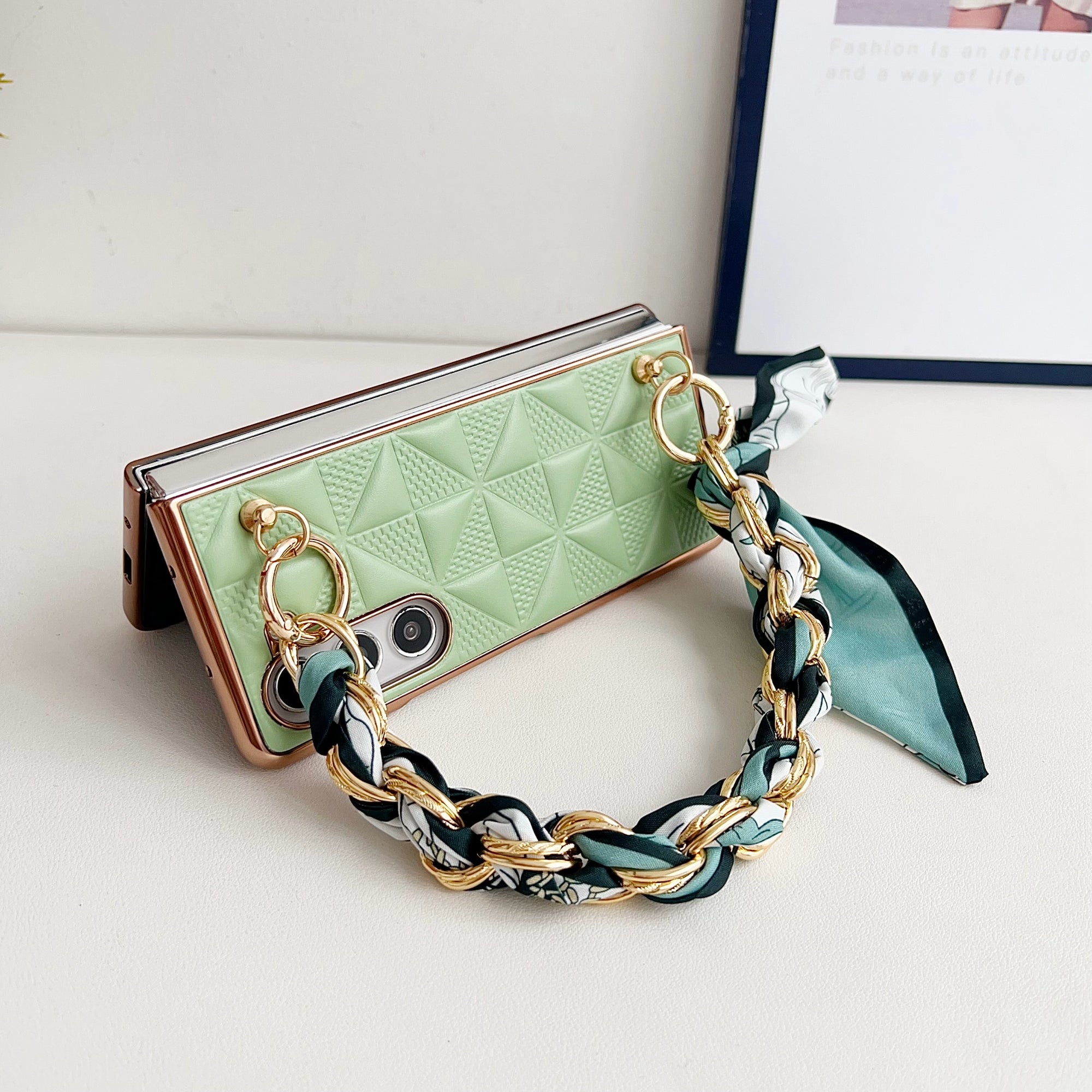 For Samsung Galaxy Z Fold6 5G Case Grid Texture PU+PC Phone Cover with Ribbon Chain Strap - Sapphire